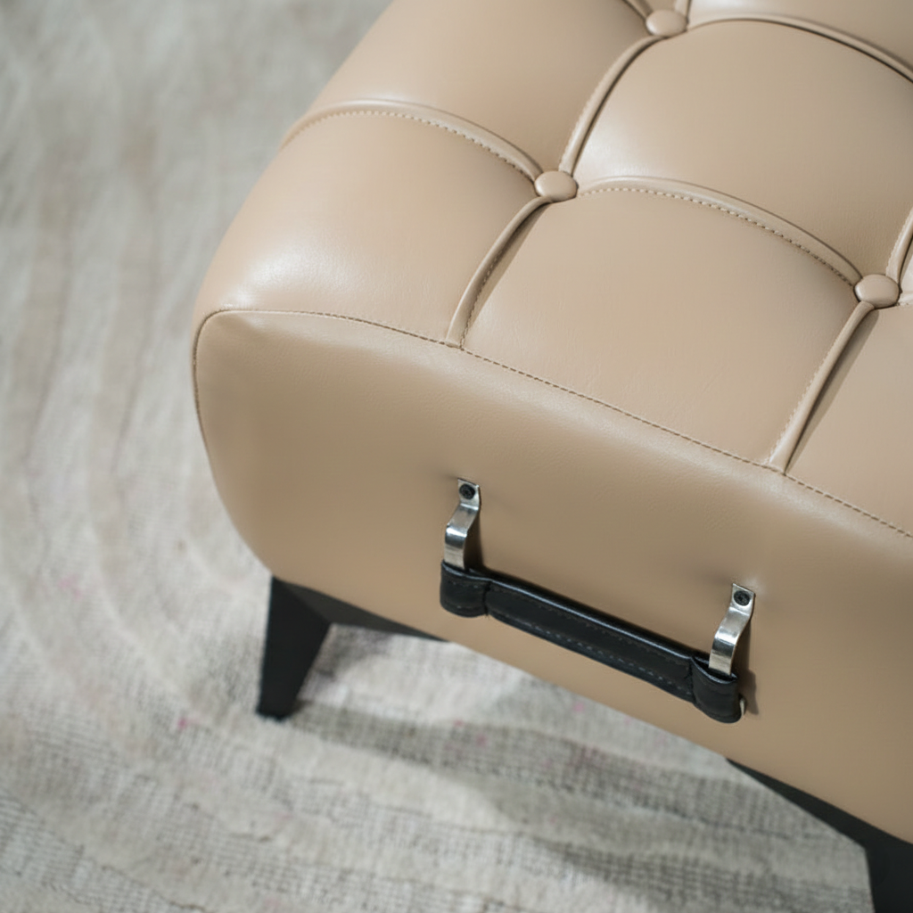 Modern Tufted Leather Ottoman with Handle