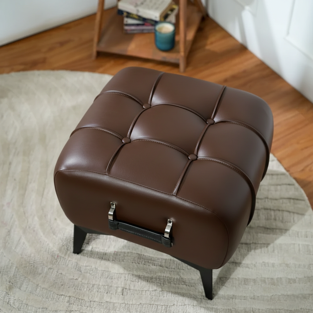 Modern Dark Brown Leather Tufted Ottoman with Black Handle