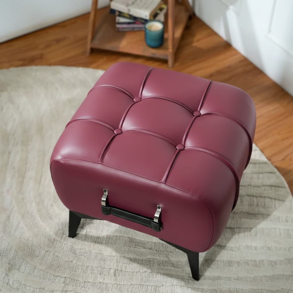 Modern Vintage Wine Leather Tufted Ottoman with Black Handle