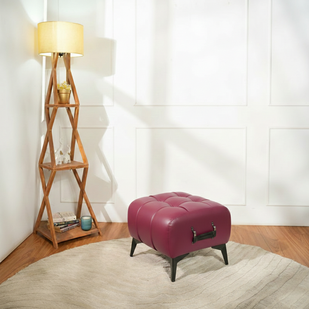 Modern Vintage Wine Leather Tufted Ottoman with Black Handle