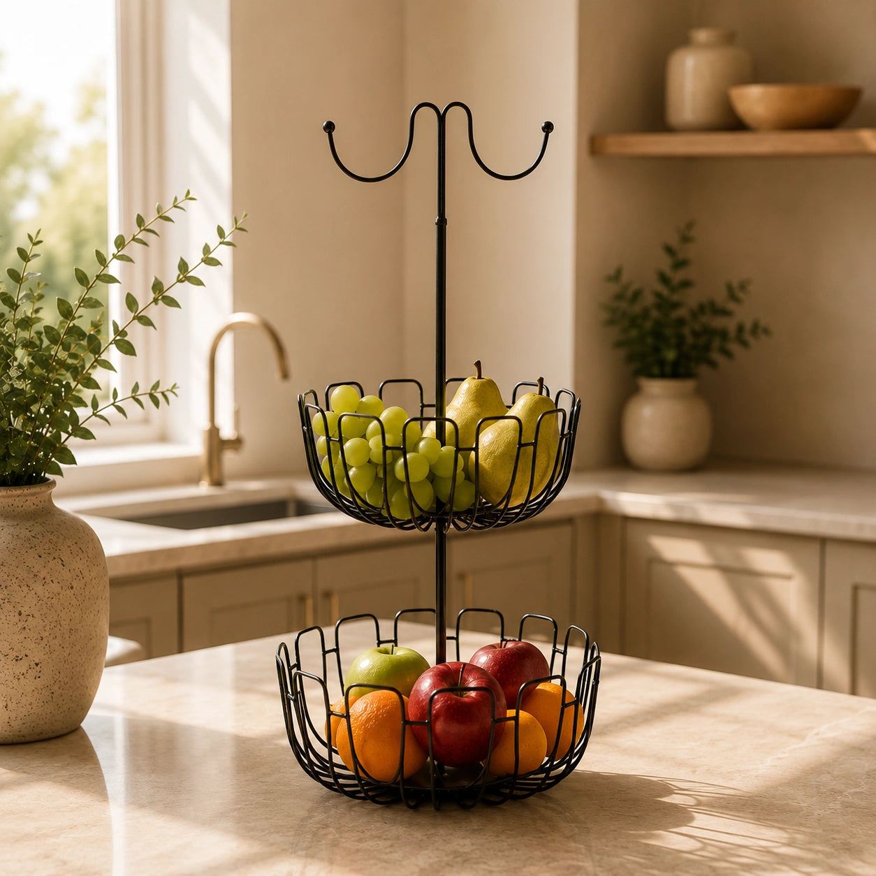 Modern 2-Tier Metal Fruit Basket with Banana Hanger