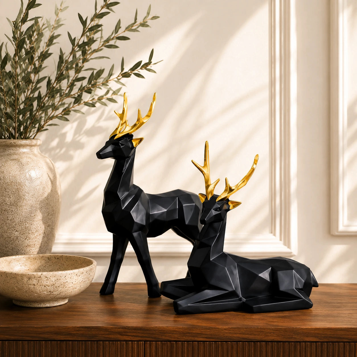 Modern Black Deer Resin Showpiece Set of 2 for Home Decor