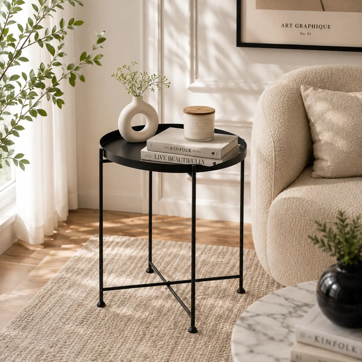 Modern Black Metal Tray Top Side Table with X-Frame Base