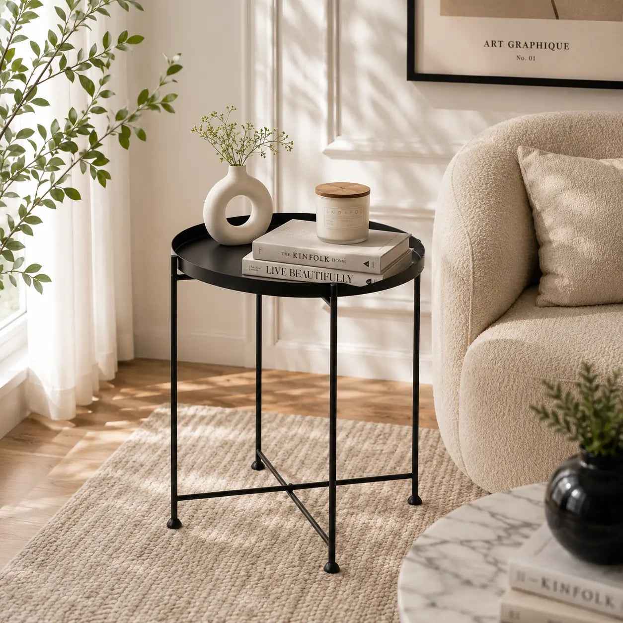 Modern Black Metal Tray Top Side Table with X-Frame Base