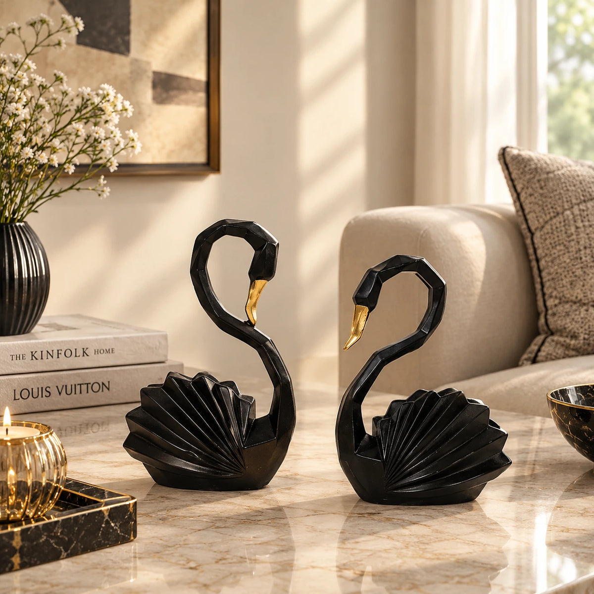 Modern Black Swan Decorative Resin Showpiece Set of 2