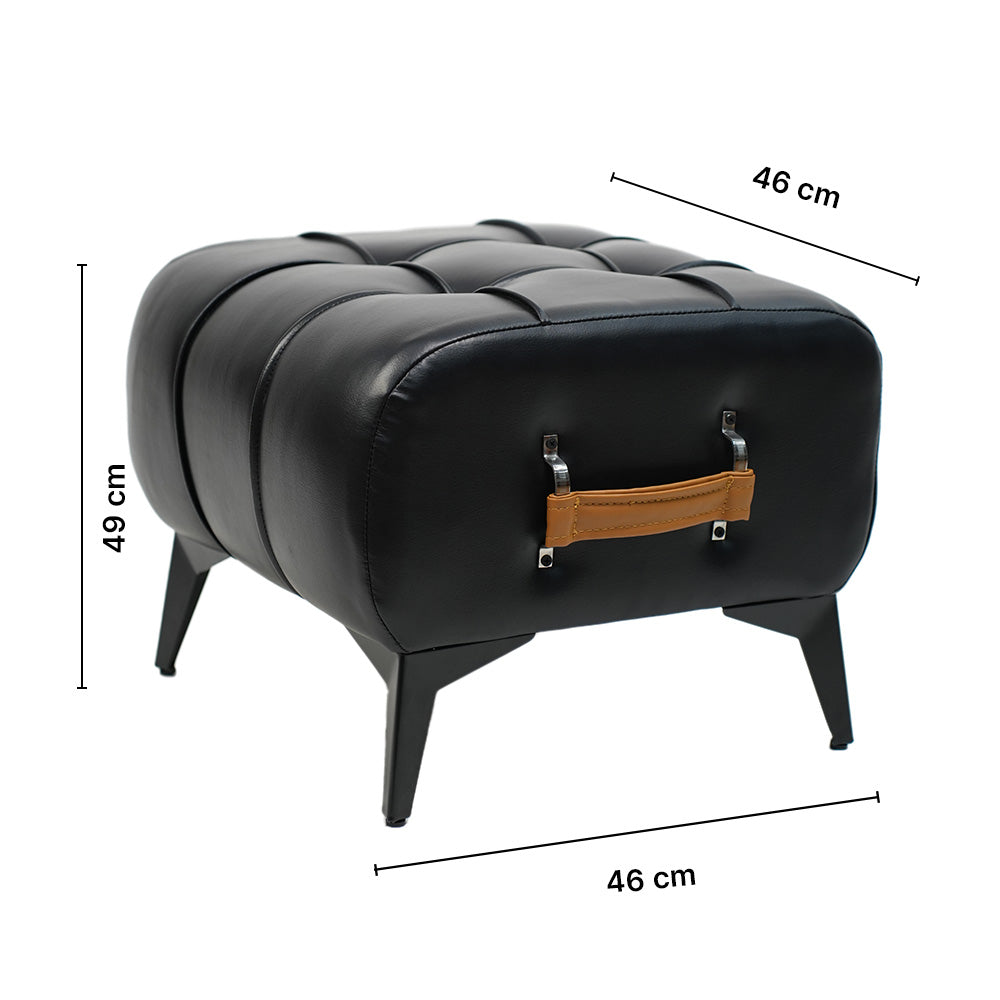Modern Black Leather Tufted Ottoman with Golden Handle