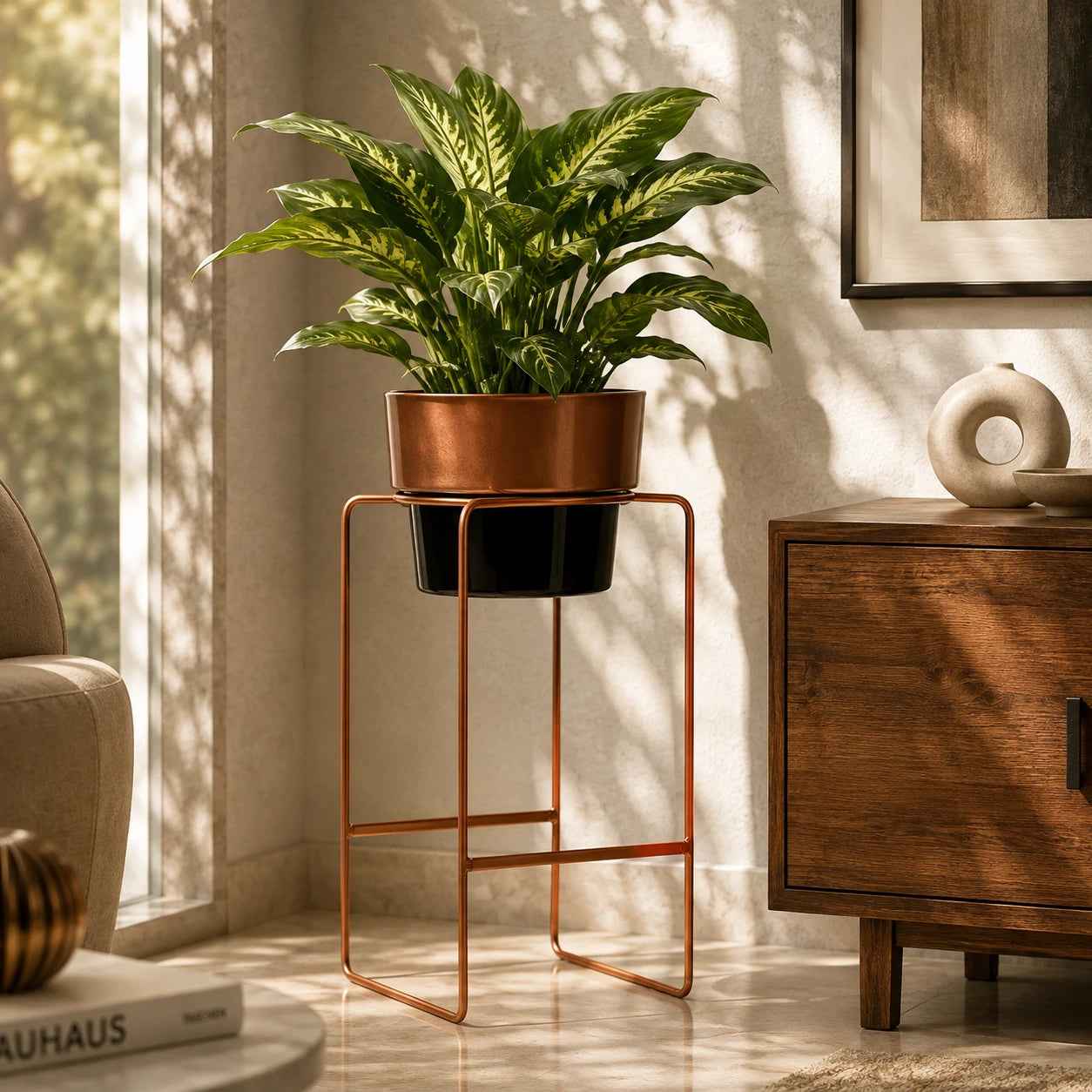 Modern Elevated Metal Planter Stand Copper