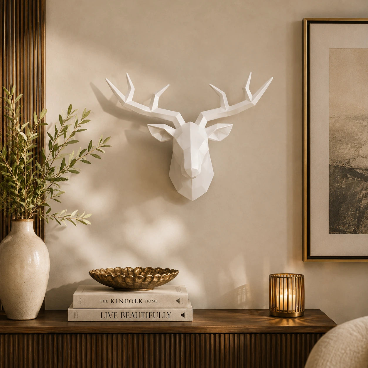 Modern Geometric Polyresin White Deer Head for Wall Decor