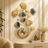 Modern Ginkgo Leaf Metal Wall Clock in Gold
