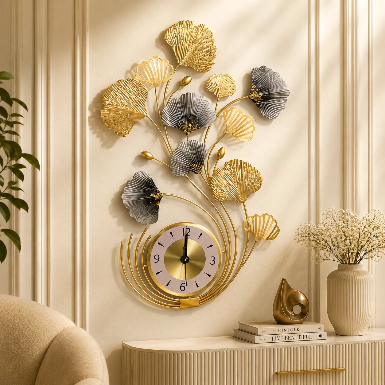 Modern Ginkgo Leaf Metal Wall Clock in Gold