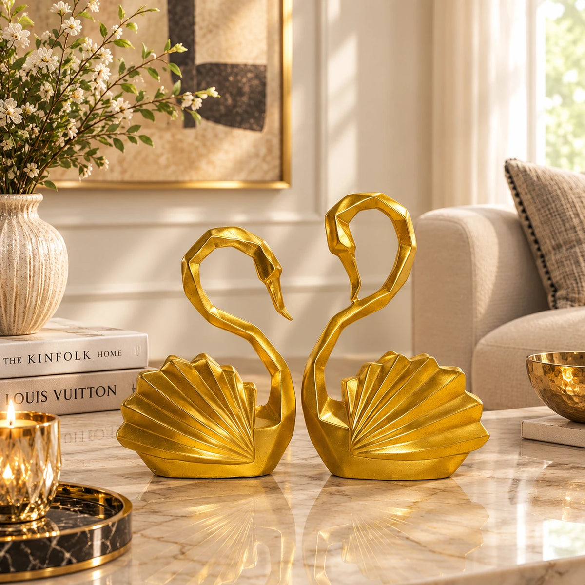 Modern Golden Swan Decorative Resin Showpiece Set of 2