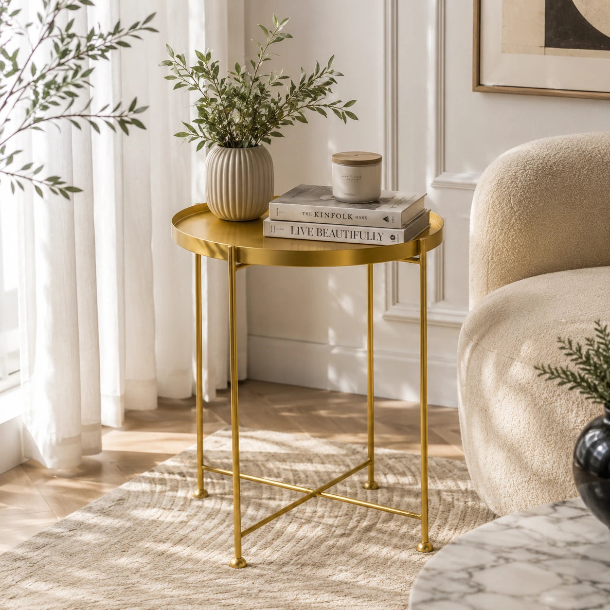 Modern Metal Side Table with X-Frame Base in Gold for Living Room