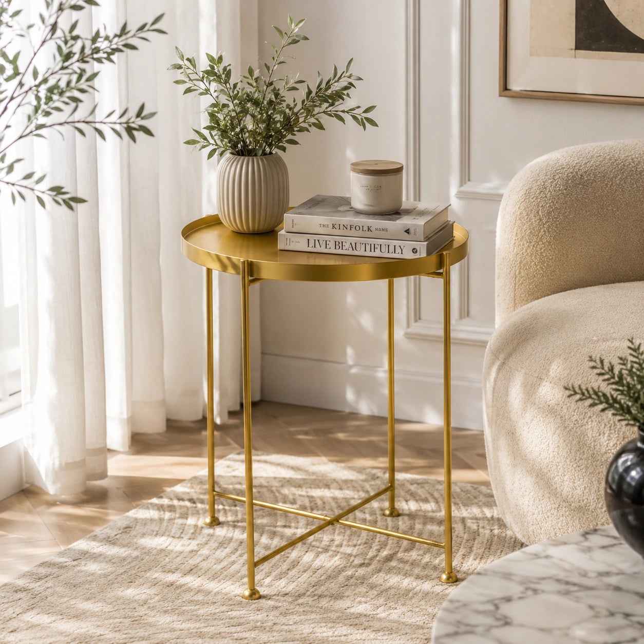 Modern Metal Side Table with X-Frame Base in Gold for Living Room