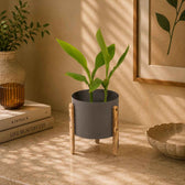 Modern Round Metal Pot with Wooden Stand in Grey