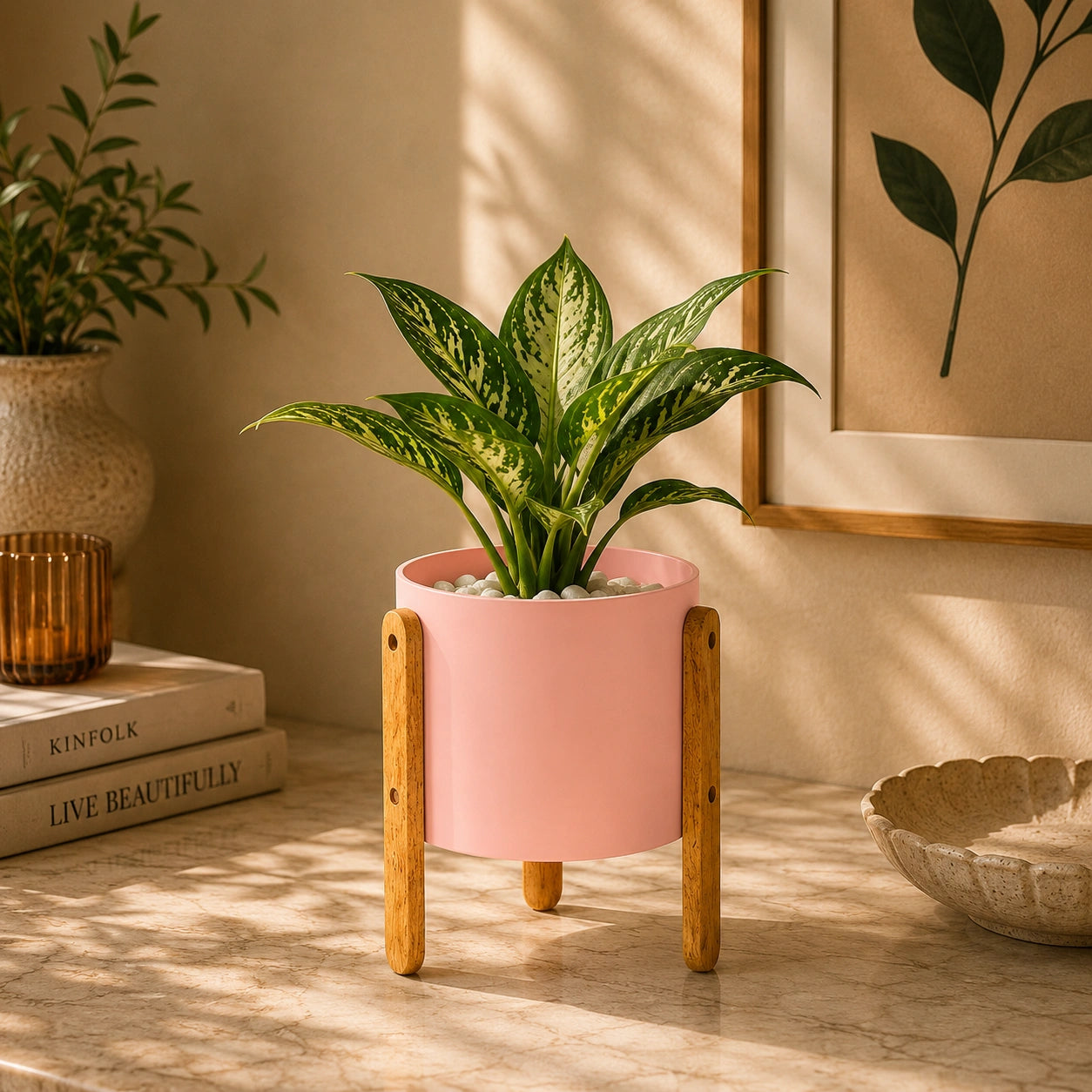 Modern Round Metal Pot with Wooden Stand in Pink