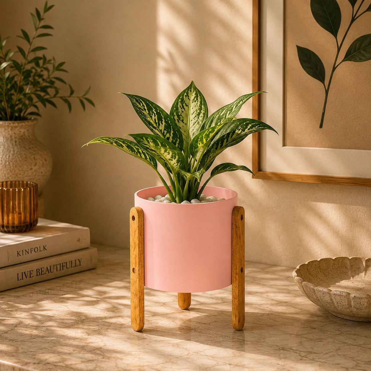 Modern Round Metal Pot with Wooden Stand in Pink