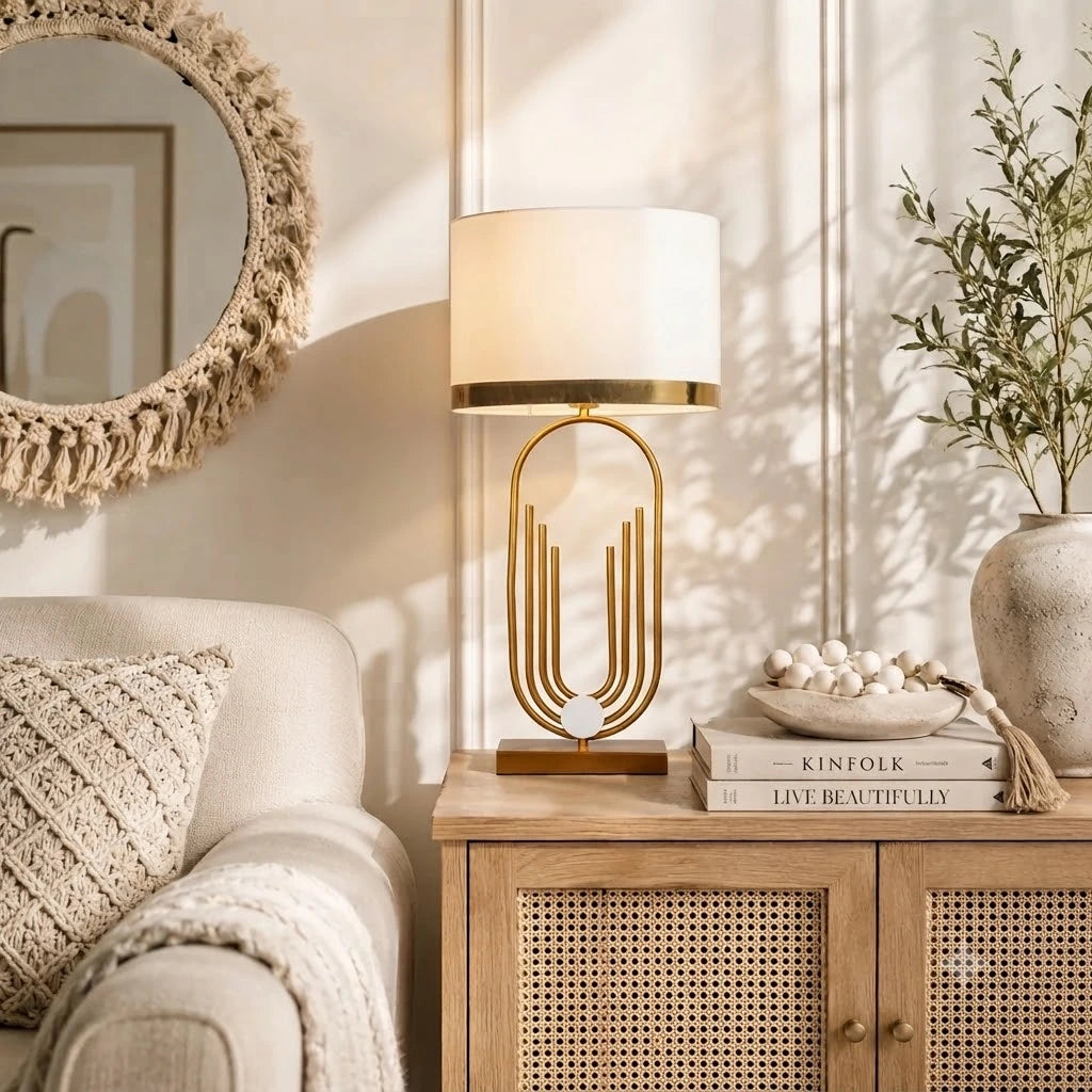 Modern Table Lamp with Gold Ring Shade for Living Room & Bedrooom