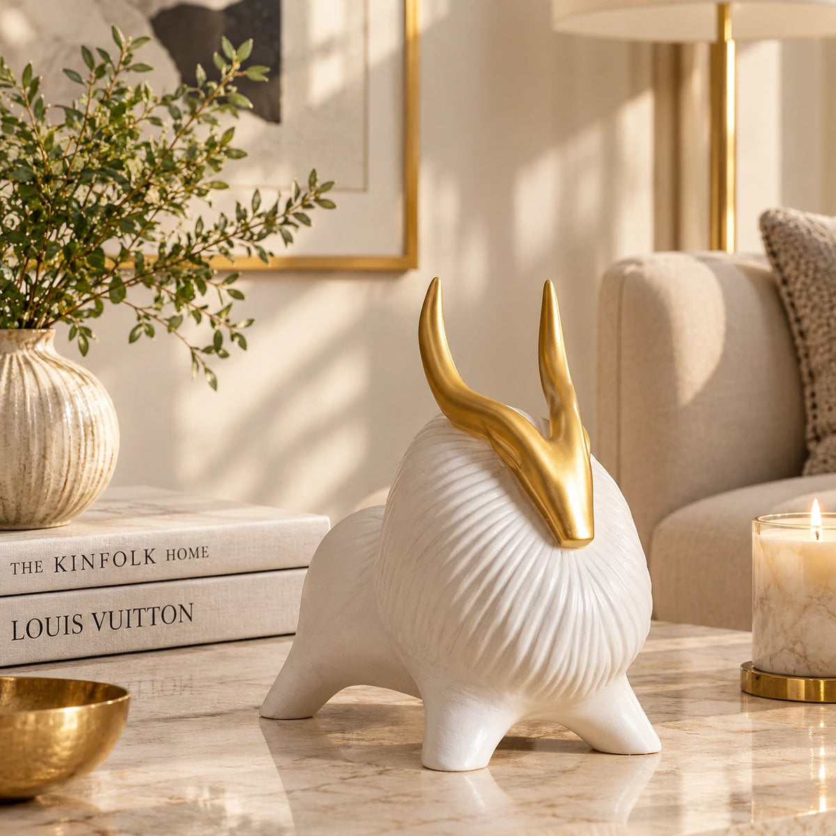Modern White Bull Sculpture with Gold Horns for Home Decor