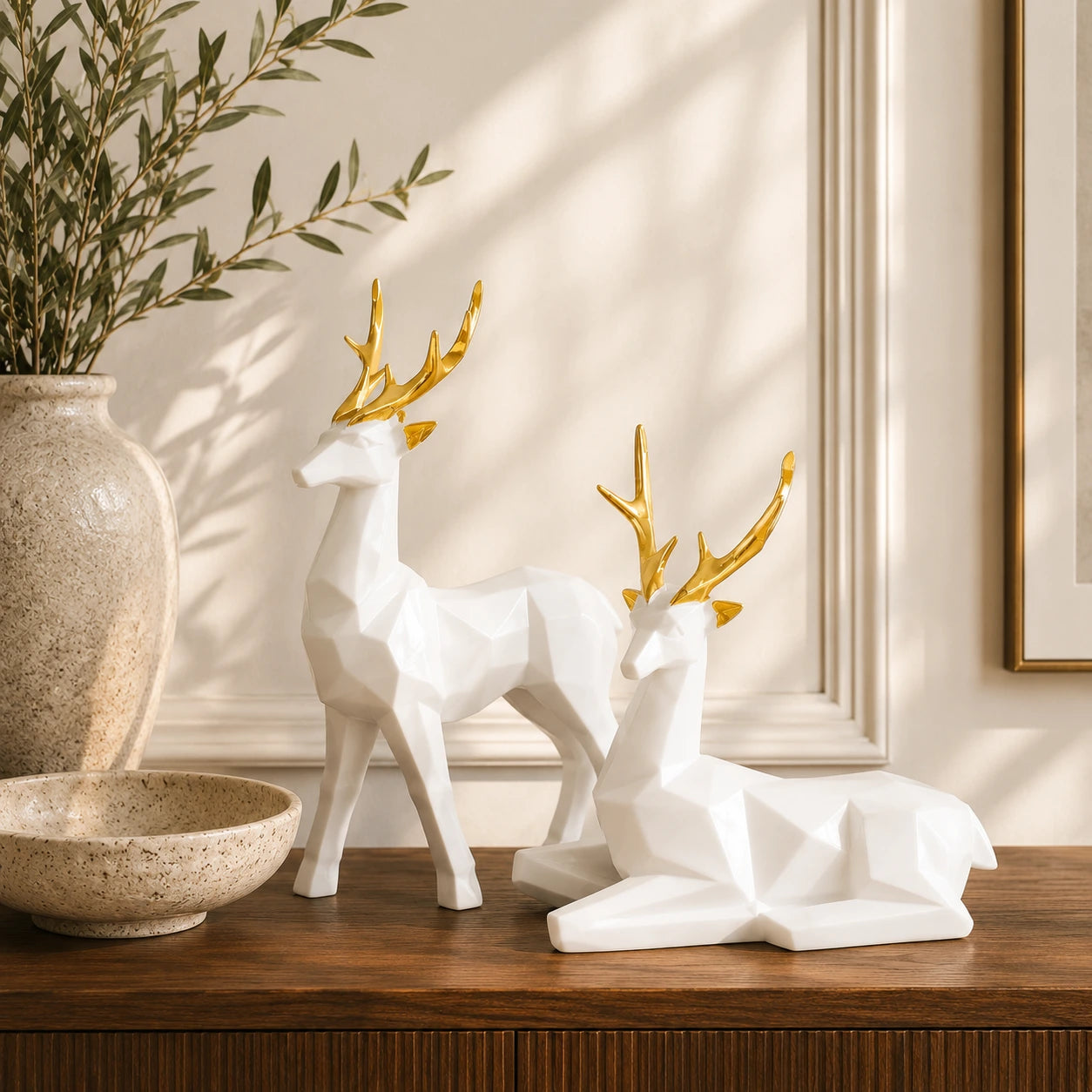 Modern White Frost Deer Resin Showpiece Set of 2 for Home Decor