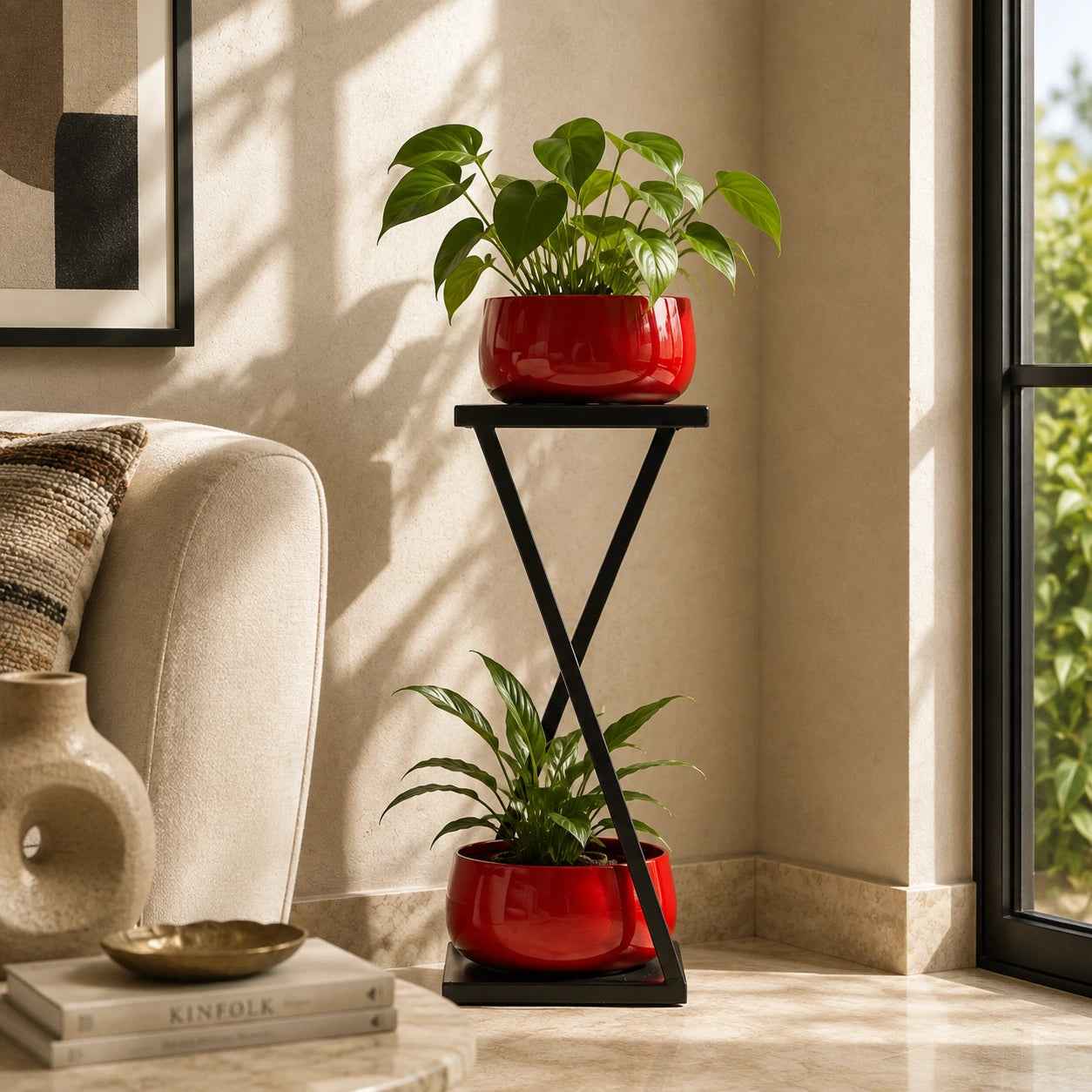 Modern X Frame Metal Planter Stand with Pots
