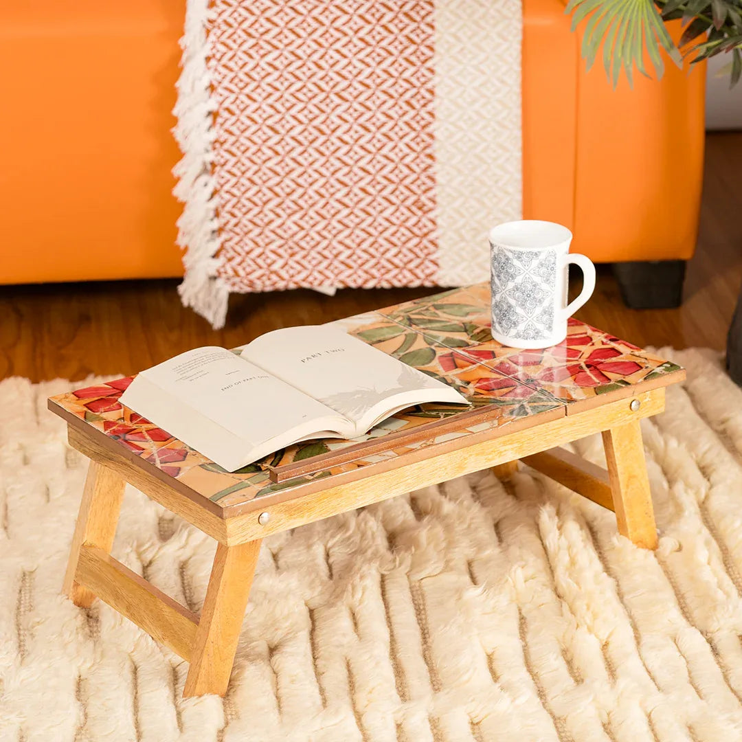 Mango Wood Handmade Folding Laptop Table in Yellow Mosaic with Epoxy Resin