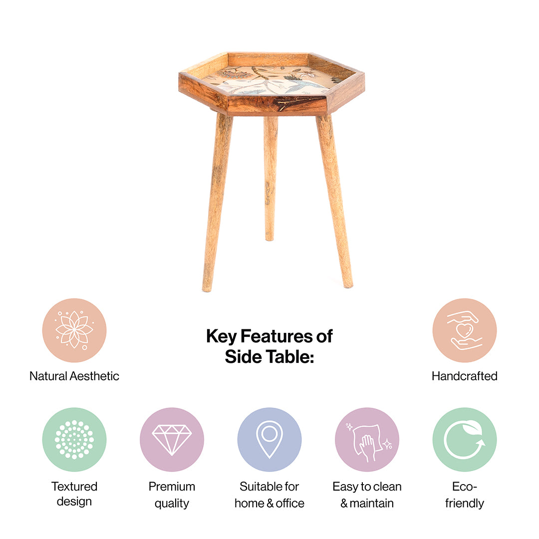 Mango Wood Hexagon Side End Table In Birdflower