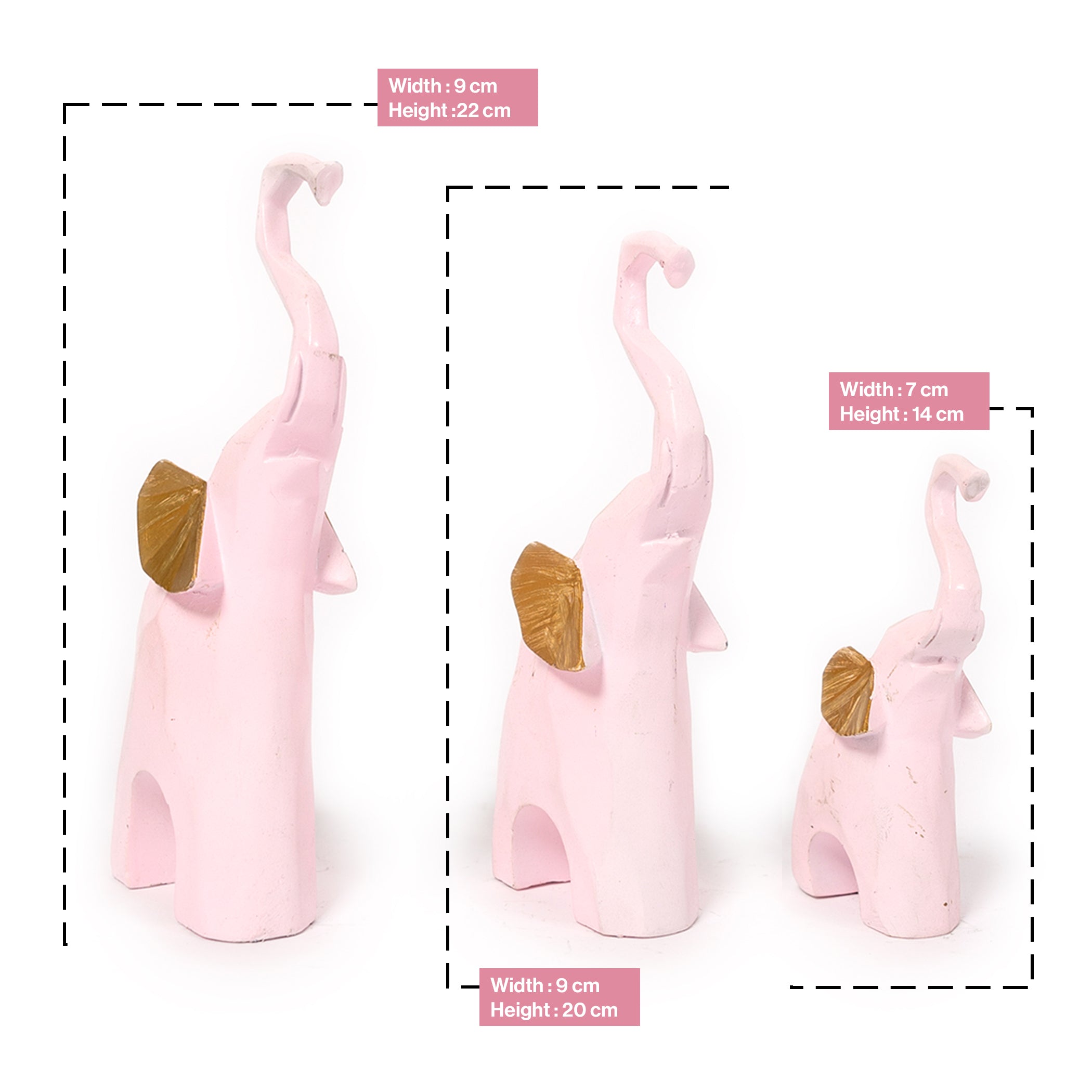 Set of 3 Geometric Elephants Statue Figurine - Pink