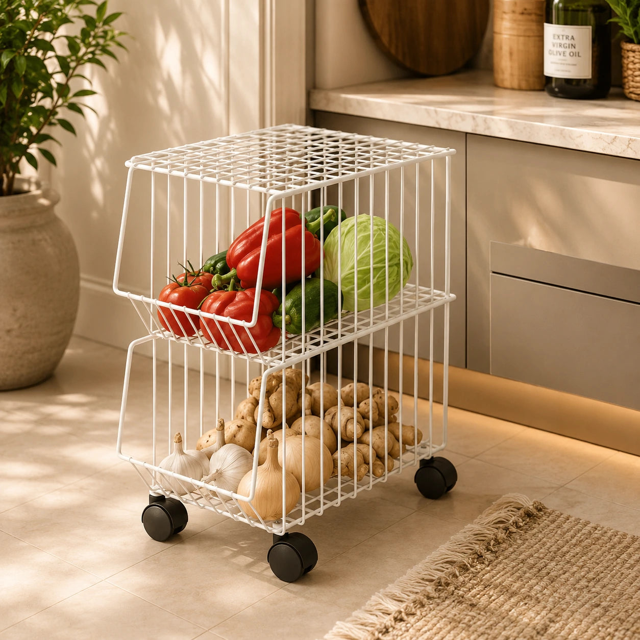 Premium 2-Tier Metal Wire Basket with Wheels in White