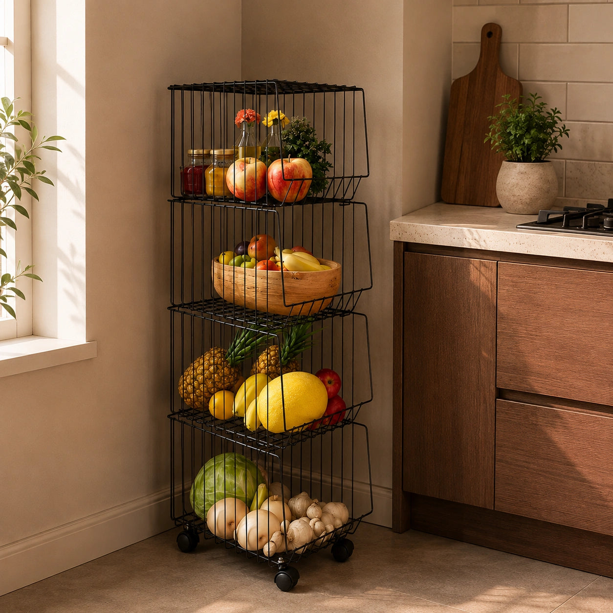 Premium 4-Tier Metal Wire Storage Basket with Wheels in Black