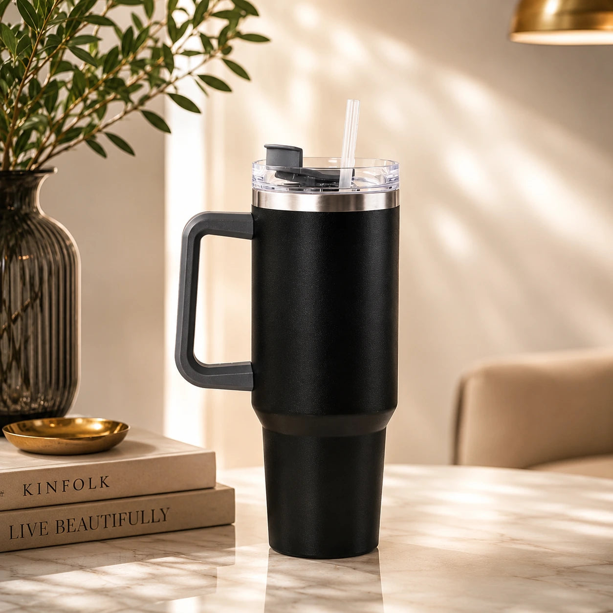 Premium Insulated Tumbler with Handle in Midnight Black