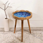 Premium Round Wooden Side Table with Blue Mosaic Design