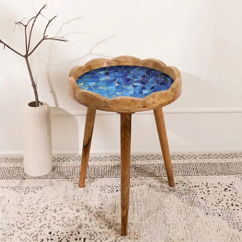Premium Round Wooden Side Table with Blue Mosaic Design