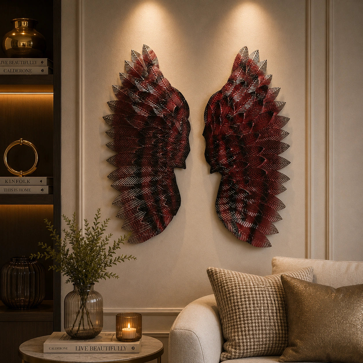 Premium Ruby Red Angel Wings Metal Leaf Wall Art Decor