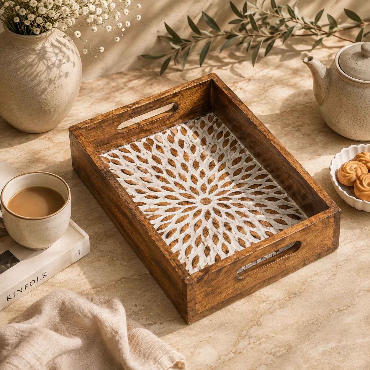 Premium Rustic Wooden Serving Tray with White Floral Pattern