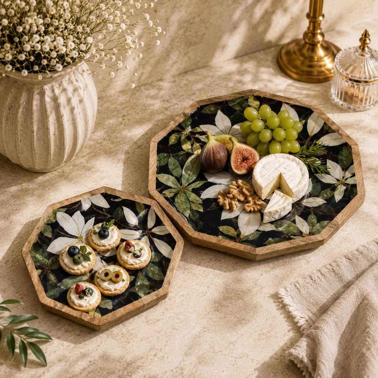 Premium Wooden Serving Platters Set with Magnolia Floral Design