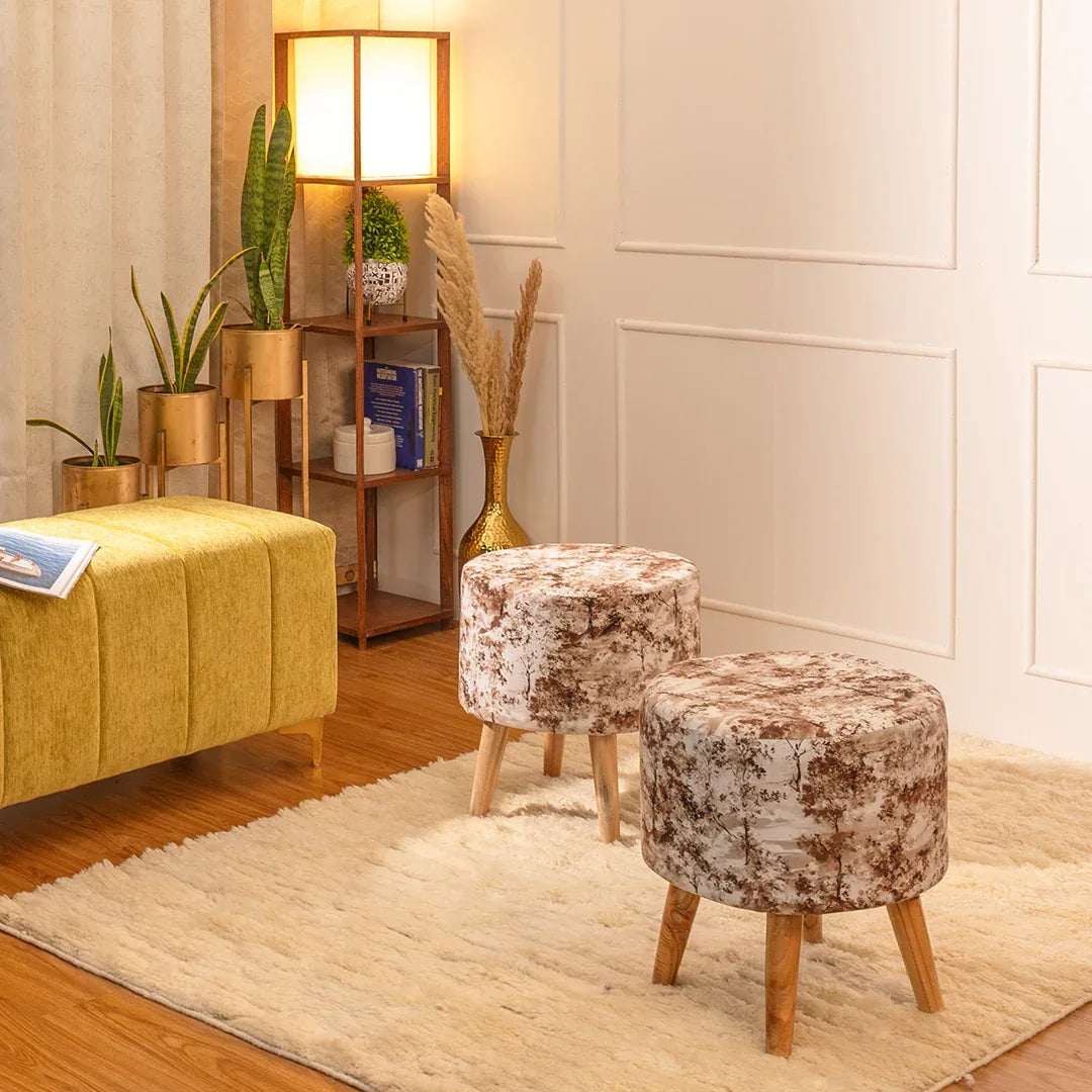 Printed Ottoman Pouffe Stool In Brewed Bean - Combo Of 2