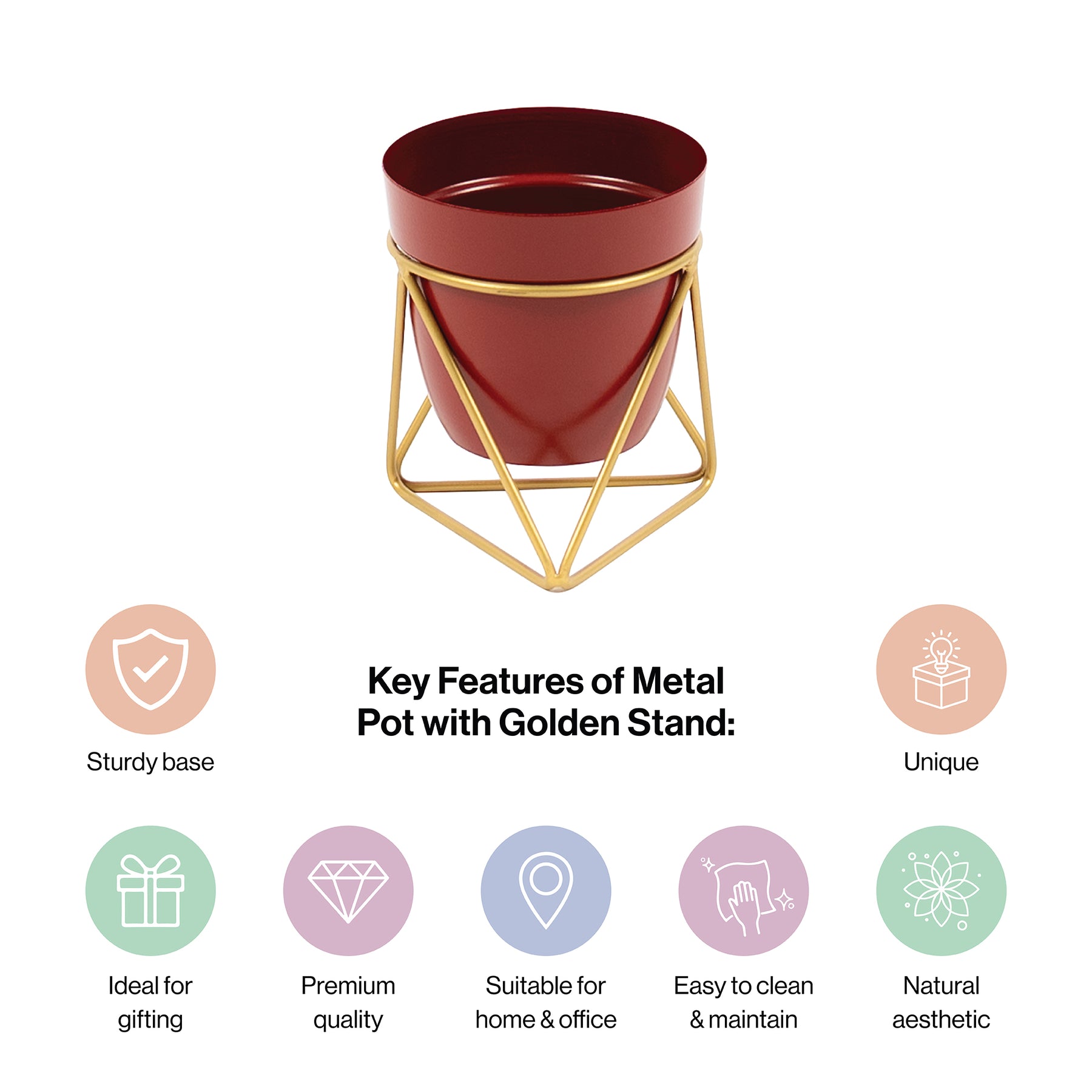 Single Golden Metal Pot Plant Stand In Mahogany