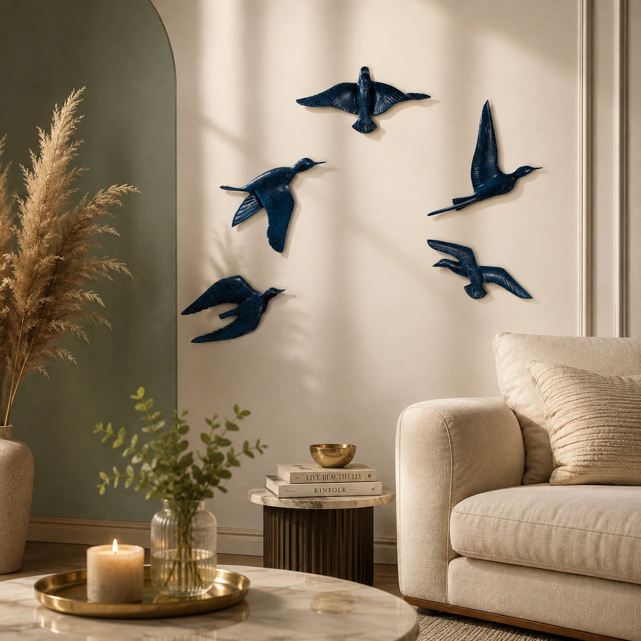 Resin Flying Birds Wall Hanging In Antique Azure (Set Of 5)
