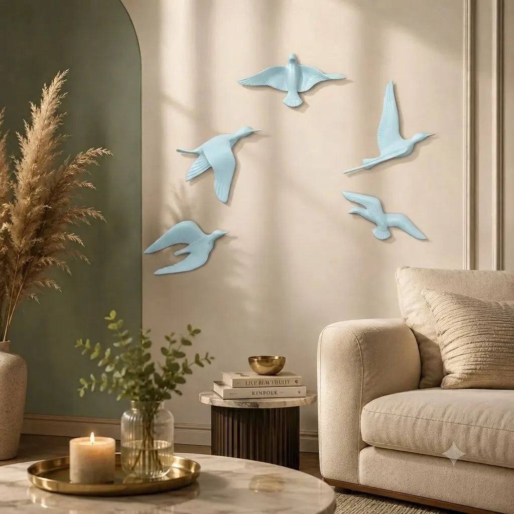 Resin Flying Birds Wall Hanging In Horizon Blue (Set Of 5)