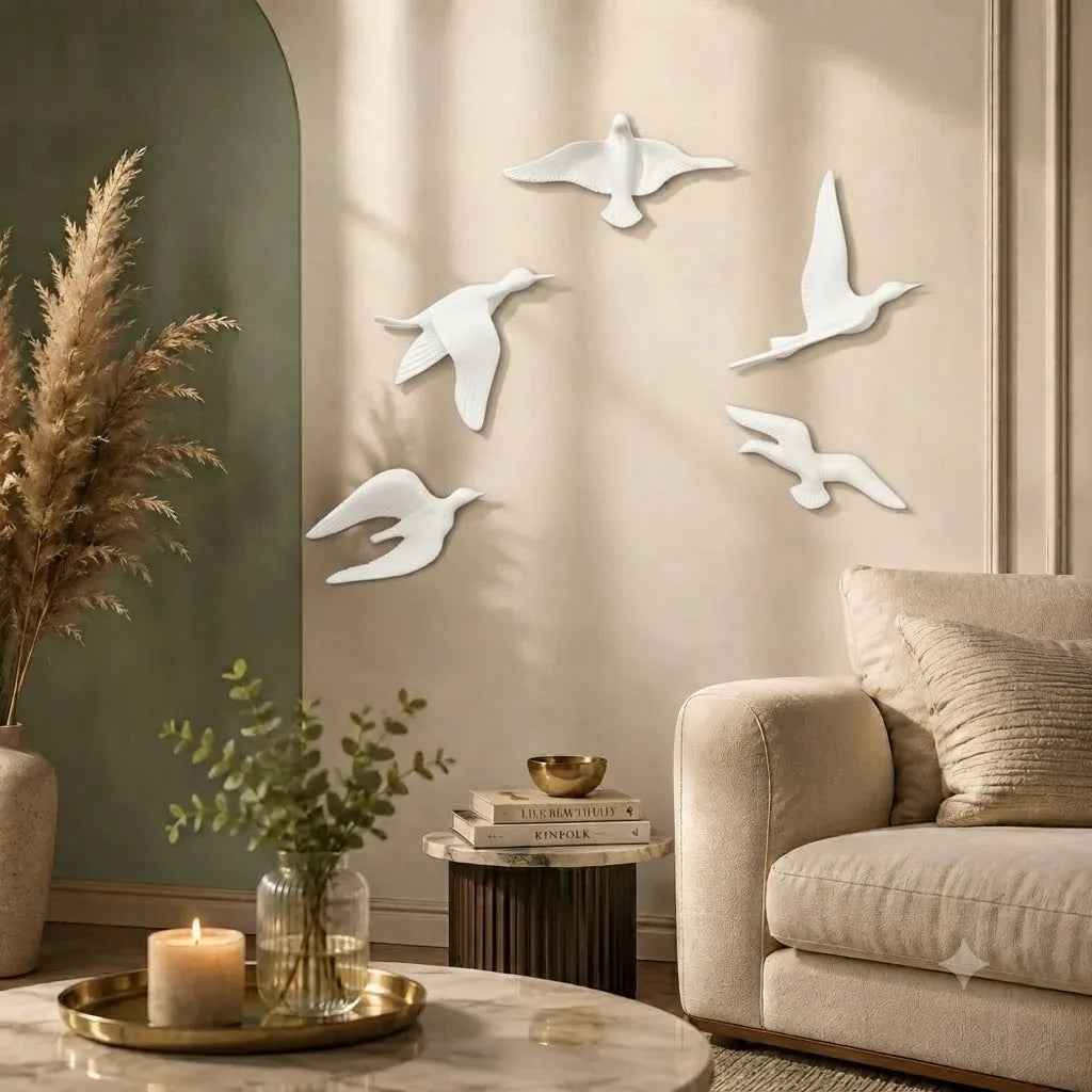 Resin Flying Birds Wall Hanging In White Frost (Set Of 5)