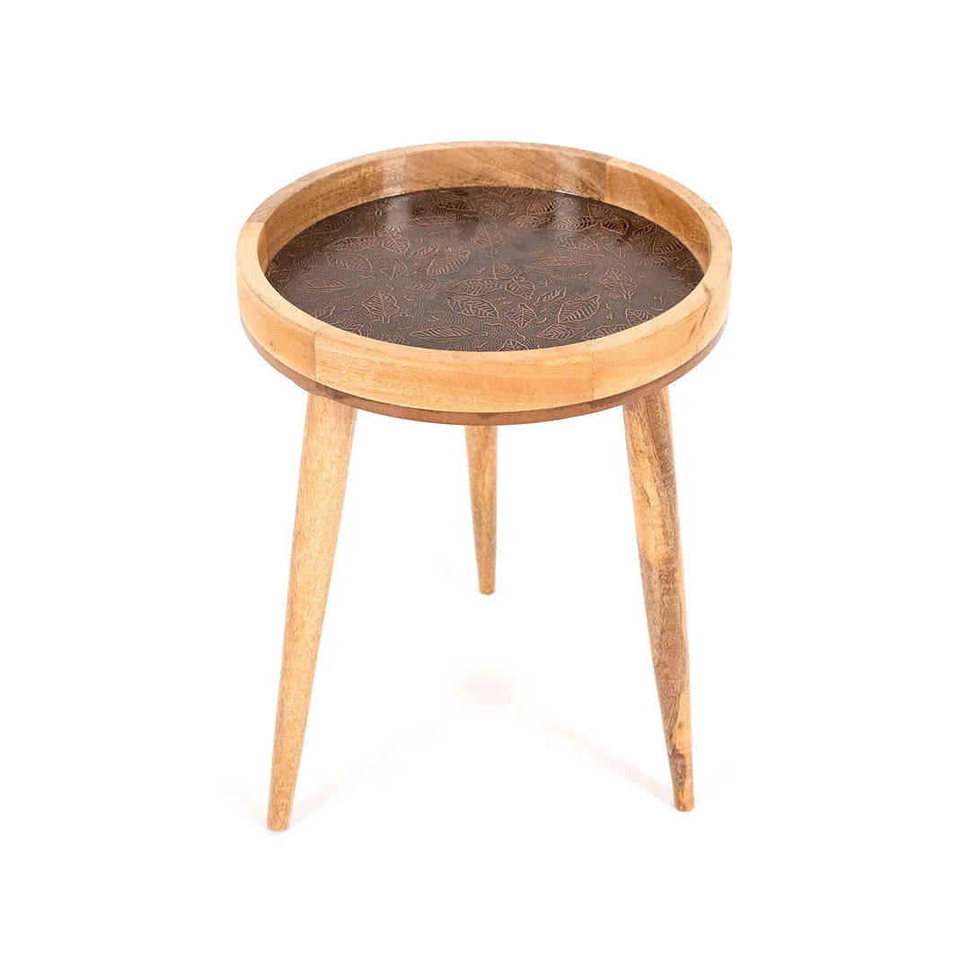 Round Mango Wood Side Table in Rose Gold for Living Room - Bedside Table for Drink & Snacks