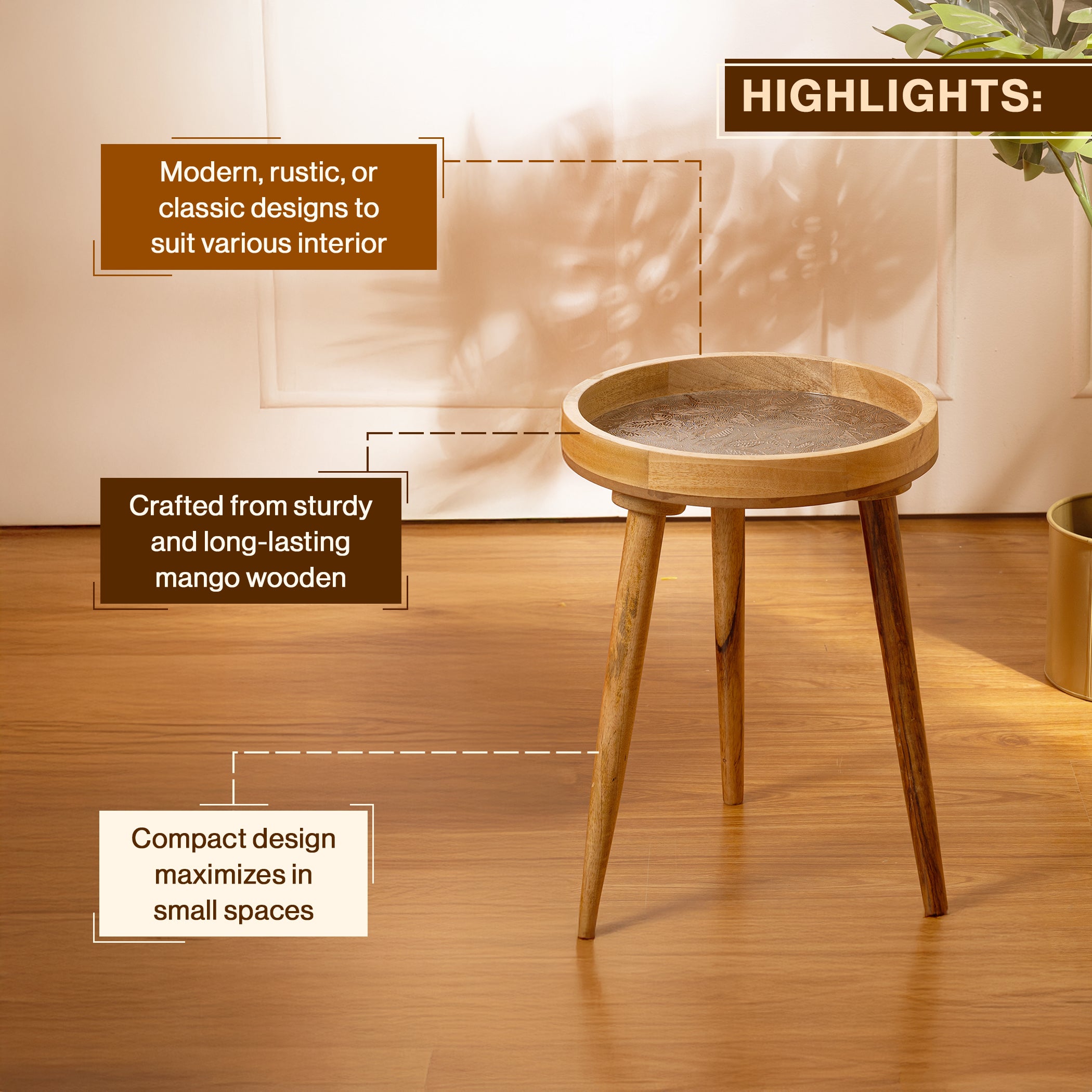 Handcrafted Mango Wood Side End Table in Rose Gold