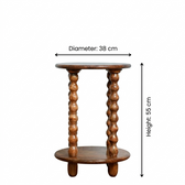 Round Wooden Side Table with Storage and Beaded Legs in Honey Oak for Living Room