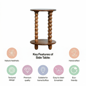 Round Wooden Side Table with Storage and Beaded Legs in Honey Oak for Living Room