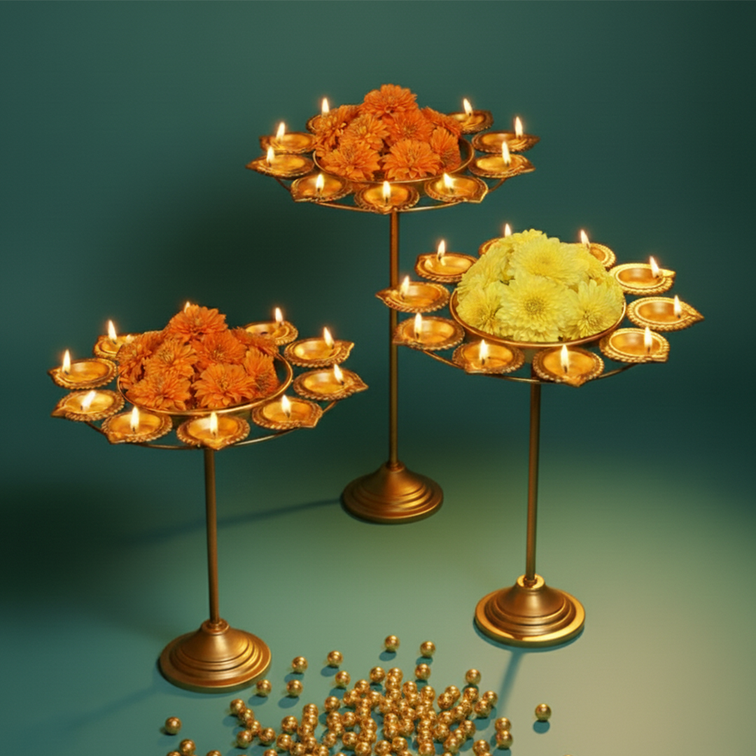 Round Brass brass urli with stand-Set of 3