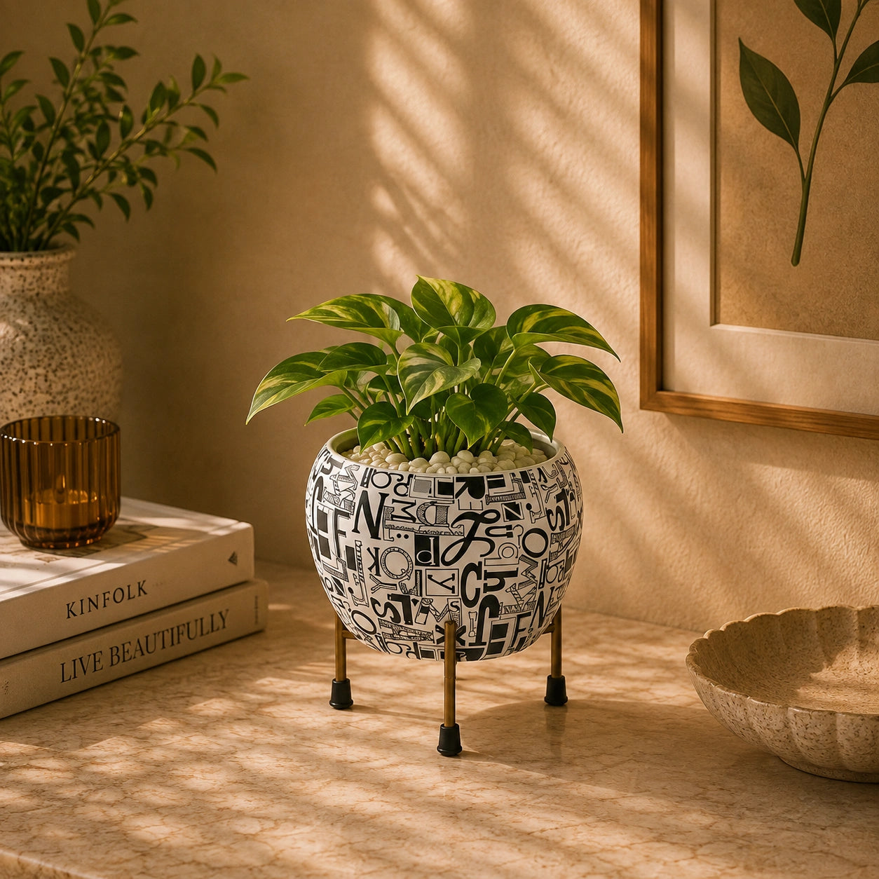 Round Iron Metal Meena Pots with Iron Stand in Black Design