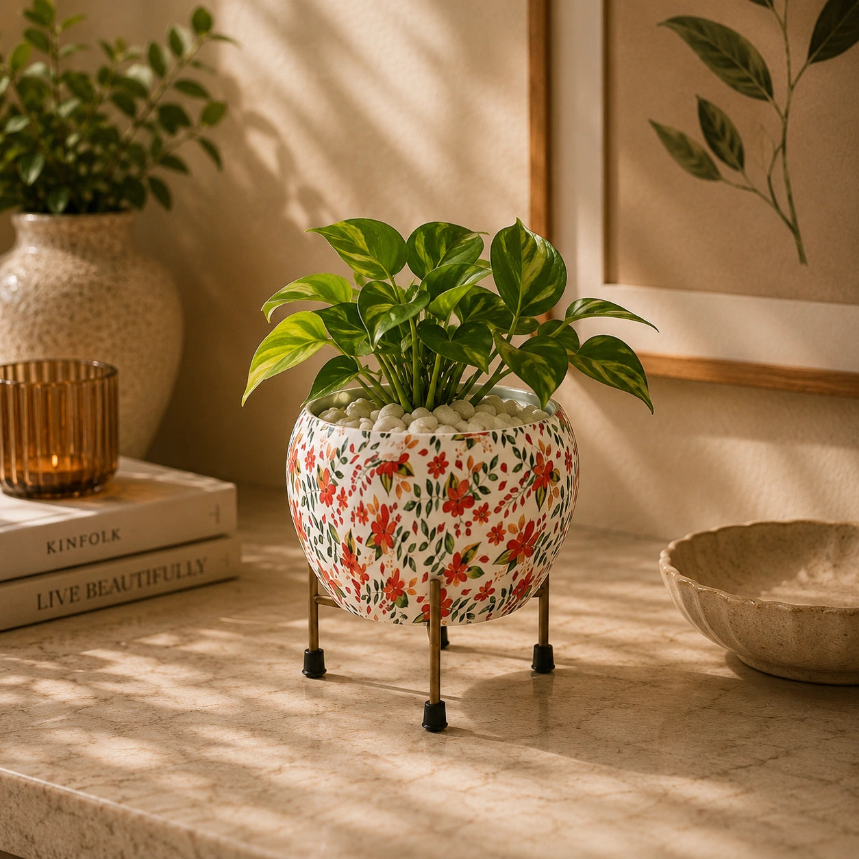 Round Iron Metal Meena Pots with Iron Stand in Floral Print