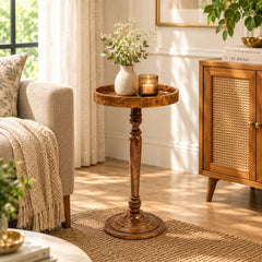 Round Wooden Side Table with Pedestal in Walnut Brown