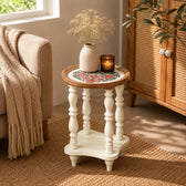 Round Wooden Side Table with Storage in Floral Printed