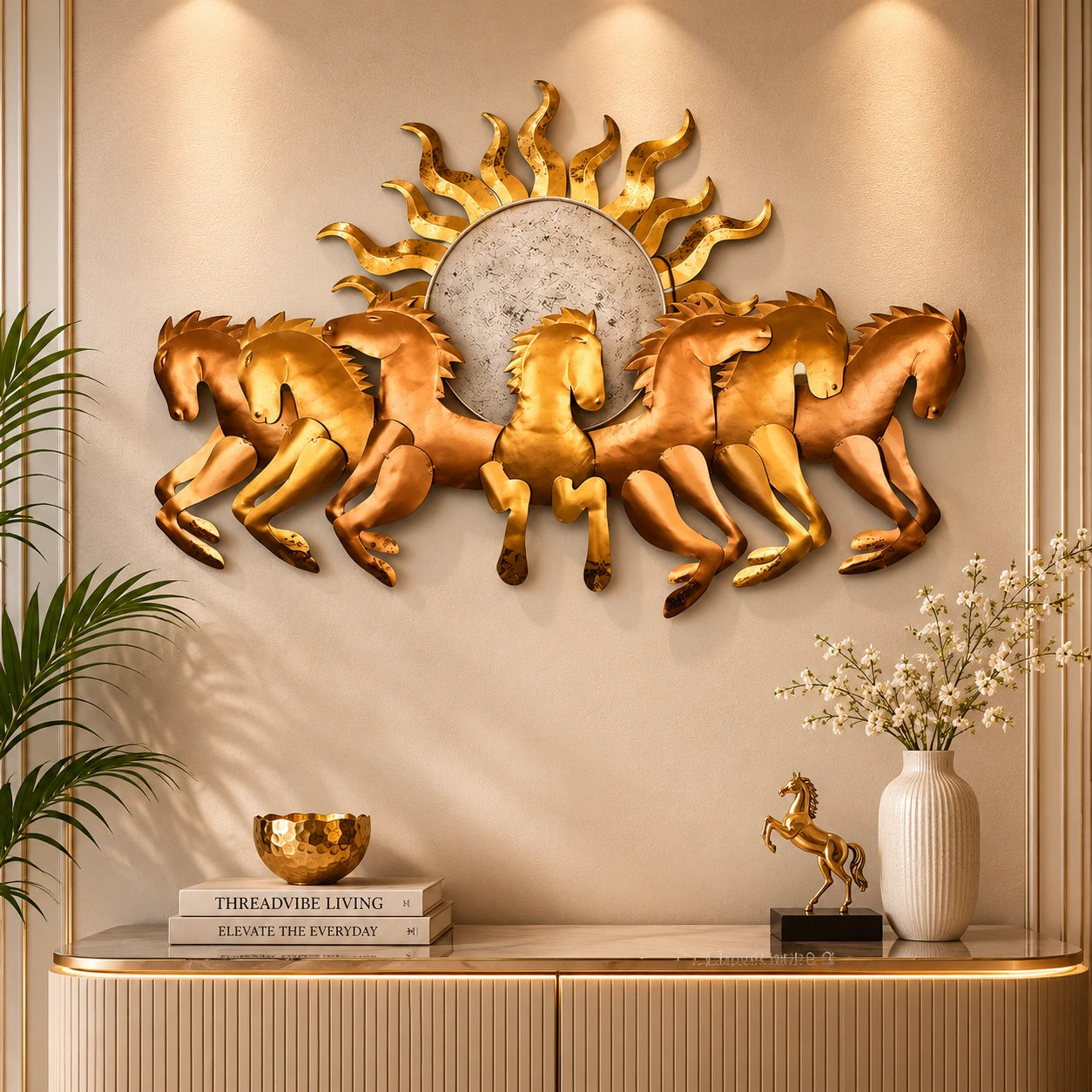 Royal Seven Running Horses Rising Sun Wall Art with LED Backlight – Antique Gold